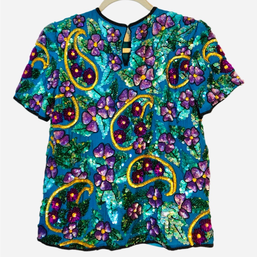 Carolyne Barton Vintage Women’s Blue Silk Sequins & Beaded Top. Size S